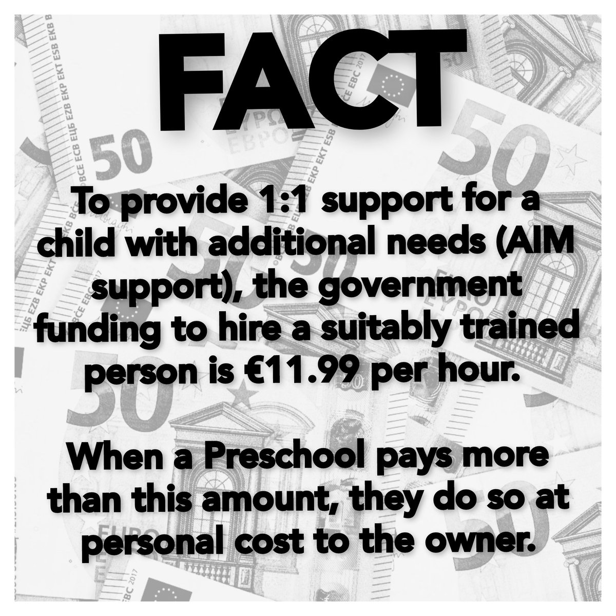 I can assure you, educators up and down this country would rather embrace a child with all her needs, than sit down and work out the cost. Yet here we are, forced to publicise our own needs - including sustainability and respect. <a href="/lawlessj/">James Lawless</a> <a href="/MaryLouMcDonald/">Mary Lou McDonald</a> #saveECCEPreschools