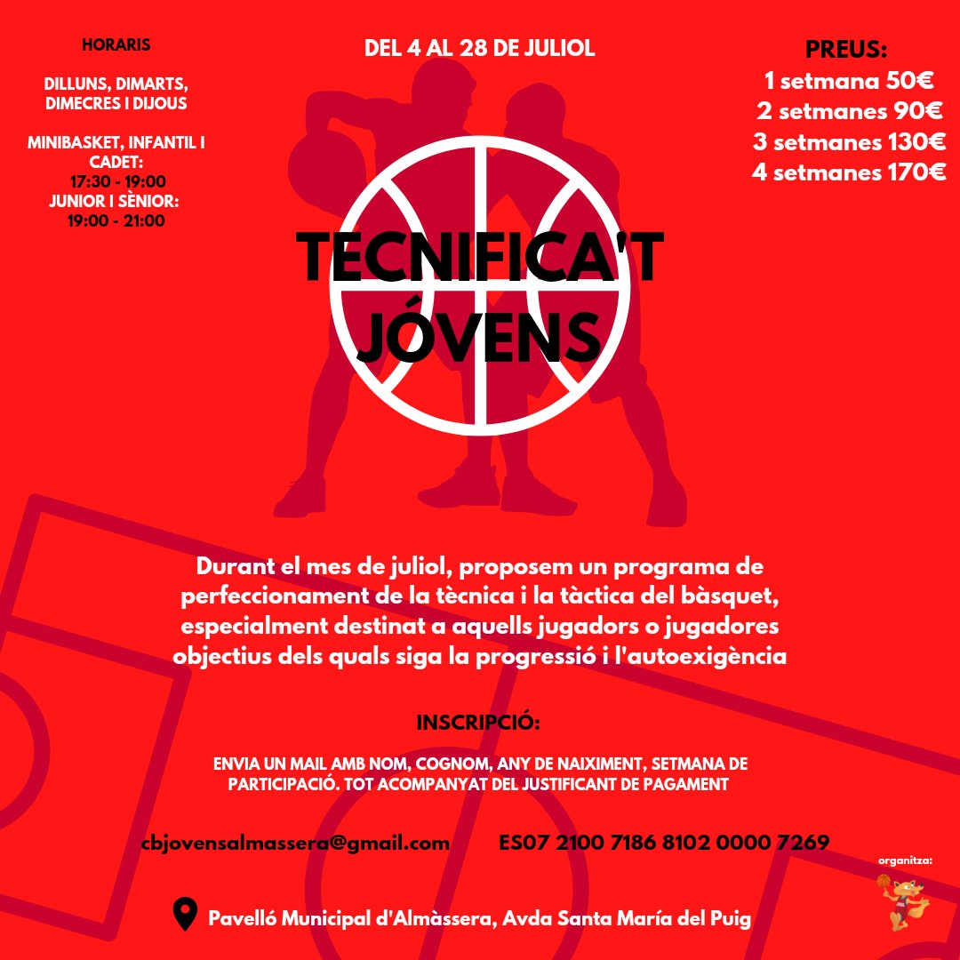 💥 TECNIFICA'T JÓVENS 💥

⛹🏻‍♂️ L'estiu és temps de millorar tècnica, tàctica i físicament els detalls als quals durant la temporada no podem posar atenció.

📝 Inscriu-te seguint els passos de la imatge mitjançant cbjovensalmassera@gmail.com

#SomJóvens #WorkOut