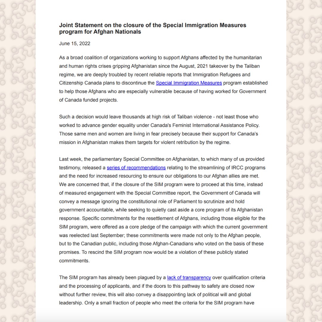 ayedicanada's tweet photo. Read our joint statement, led by @CW4WAfghan, on Canada's plan to close the SIM program imminently.

Then TAKE ACTION HERE, templates available: https://t.co/cPb2rGUVWD

cc @JustinTrudeau, @SeanFraserMP, @CitImmCanada

#sosSIM #SaveTheSIM #CanadasLeftBehind https://t.co/lRQYYdIQOd