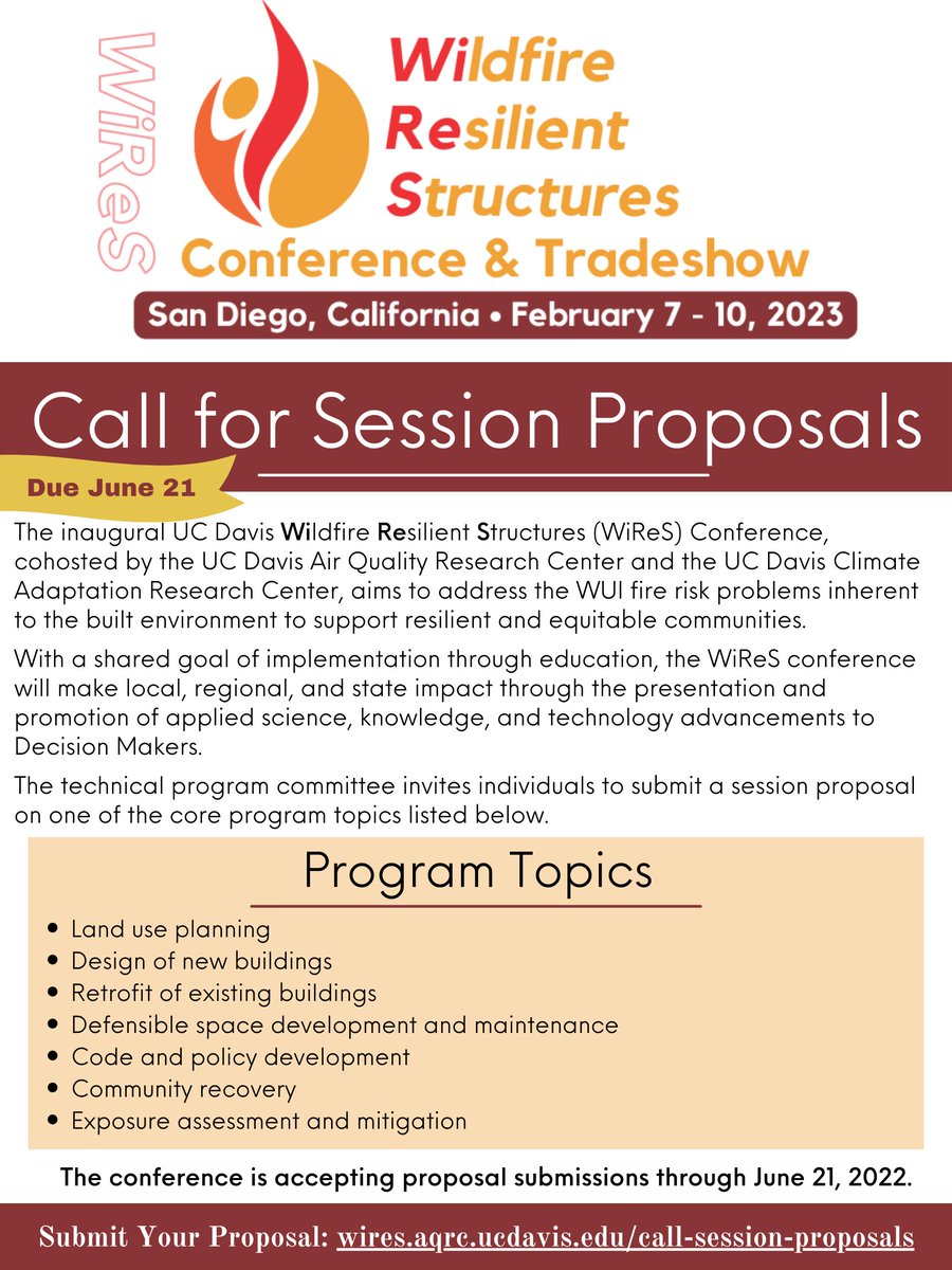 Submit your session proposal this weekend, ahead of the Tuesday deadline!

#WUIRiskMitigation
#LandUsePlanning
#DesignofNewBuildings
#Retrofitting
#DefensibleSpace
#CodeDevelopment
#PolicyDevelopment
#CommunityRecovery
#ExposureAssessment
