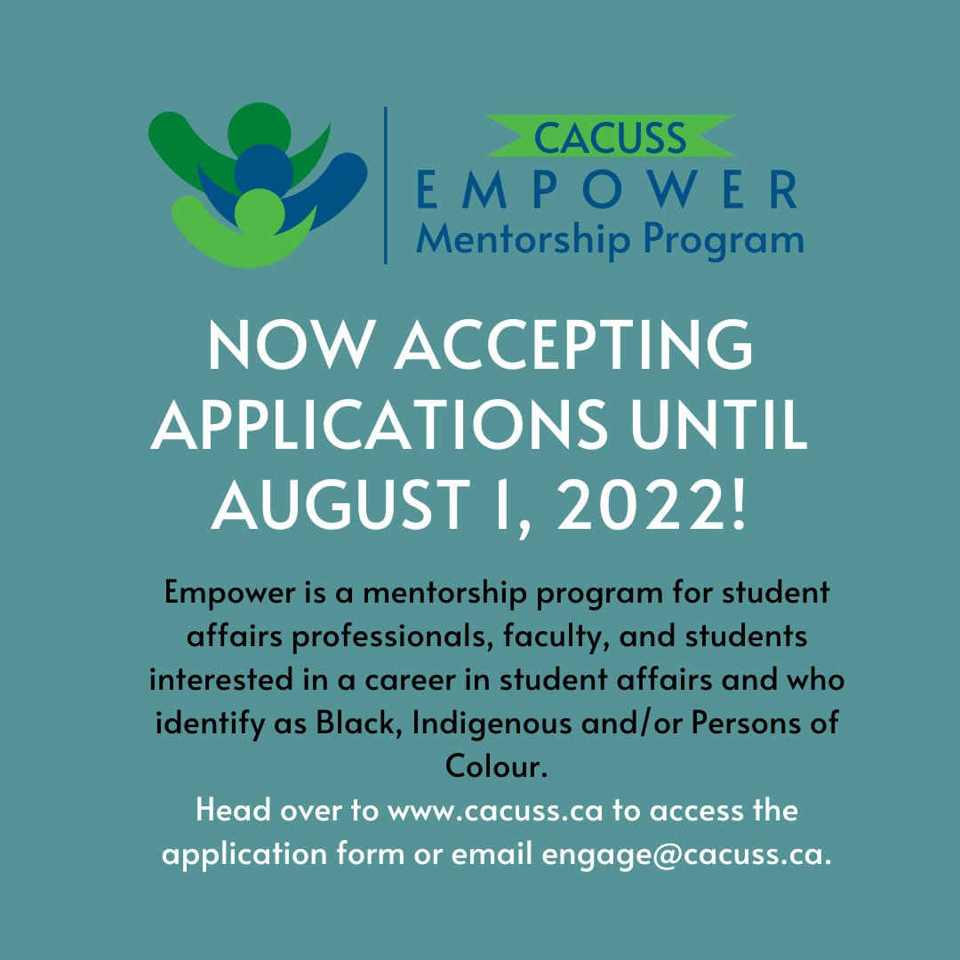 cacusstweets's tweet photo. Introducing the CACUSS Empower Mentorship Program for racialized student affairs professionals! Visit https://t.co/CVEoHGWx5a for more information on the program and how to apply.
#CACUSS #Mentorship #Student Affairs #Connection #BIPOC https://t.co/noeKzAPMLz