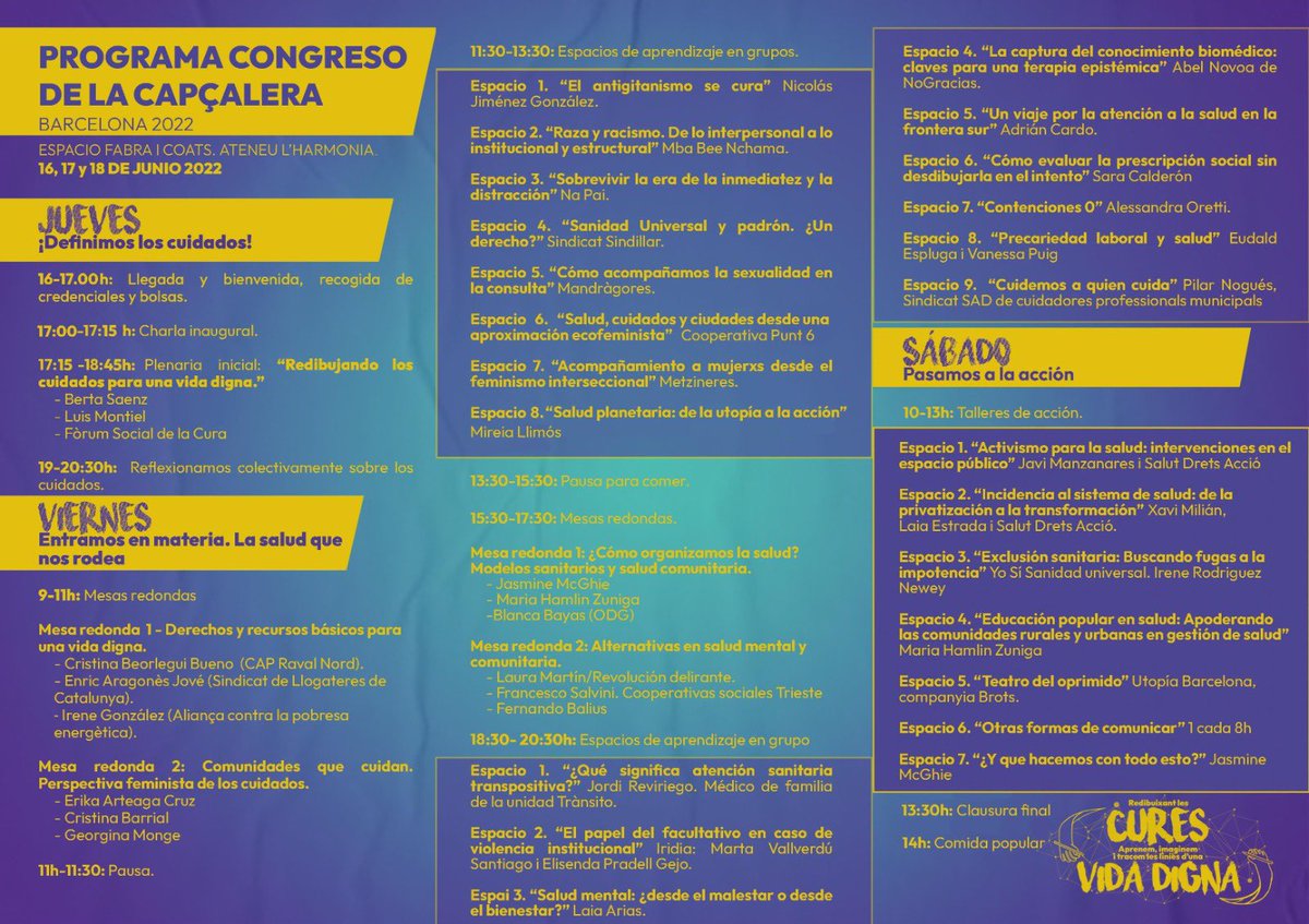 capcalerabcn's tweet photo. Violència institucional, atenció transpositiva, més salut mental, teràpia epistemica, salut a les fronteres, prescripció social, contencions zero, precarietat laboral, cures a cuidadores... 

Tot això i més, aquesta tarda al #CongrésCapçalera! https://t.co/EFbwAeUZhT