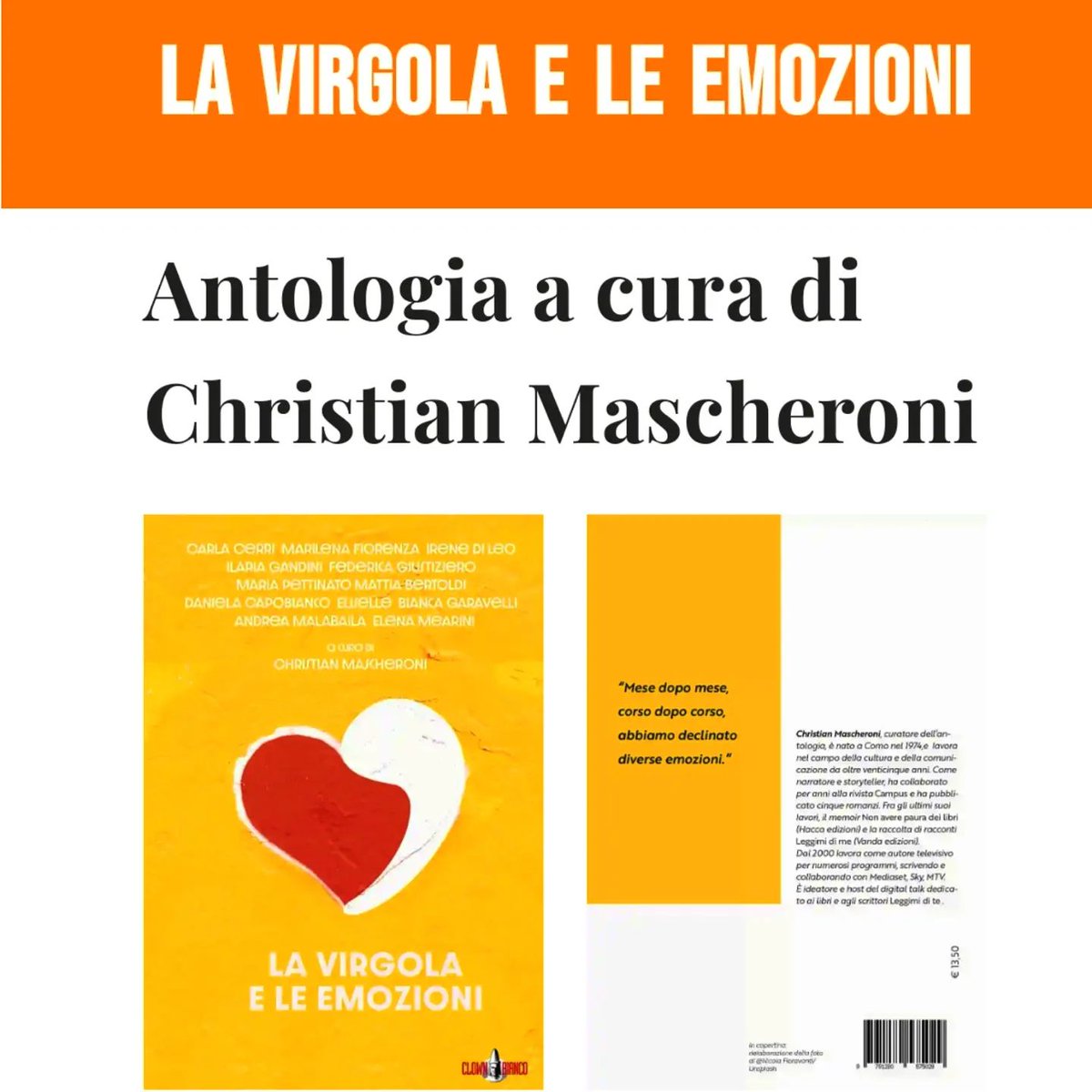 Felice di annunciarvi che ora l'antologia di racconti da me curata La Virgola &amp; Le Emozioni è ufficialmente in vendita. Potete acquistarla nelle librerie indipendenti e online, ma soprattutto sul sito della casa editrice <a href="/clownbianco/">Clown Bianco Edizioni</a>. #racconti
LINK. clownbianco.com/portfolio/la-v…