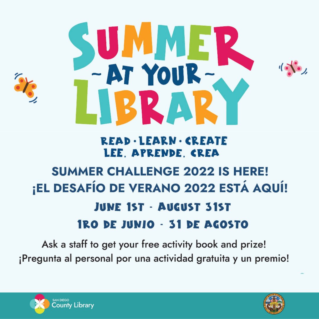 SDCountyLibrary's tweet photo. Summer Learning is here! Pick up a free activity book and prize at your local branch while supplies last.

#summerlearningchallenge #libraries #SDCL https://t.co/gv5rWjPQfJ