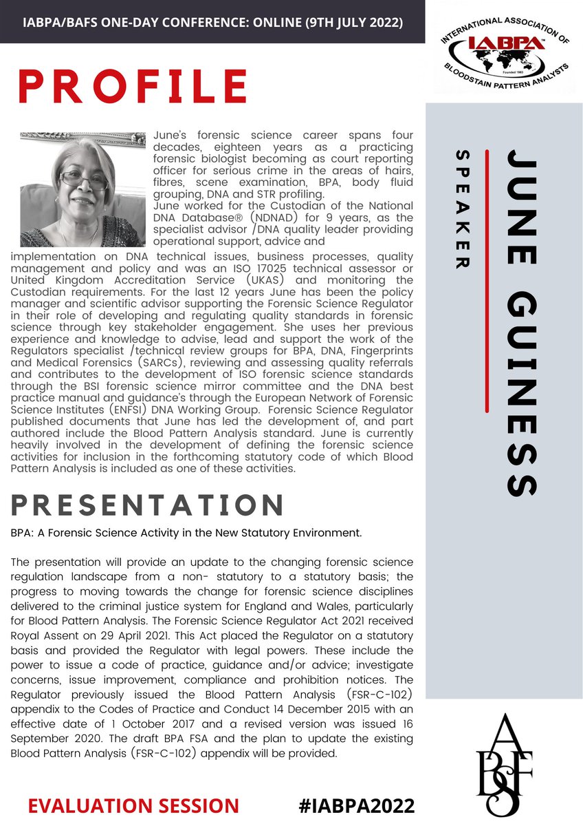 iabpa2022's tweet photo. We are honoured that June Guiness, Policy Manager &amp; Scientific Advisor to the UK Forensic Science #Regulator has agreed to update us on the impact of the FSR Act 2021 as it relates to #BPA.

#iabpa2022 #iabpa #quality #forensicscience #bloodstainpatternanalysis 
@BAFS_education https://t.co/M4eiyZMSQ6