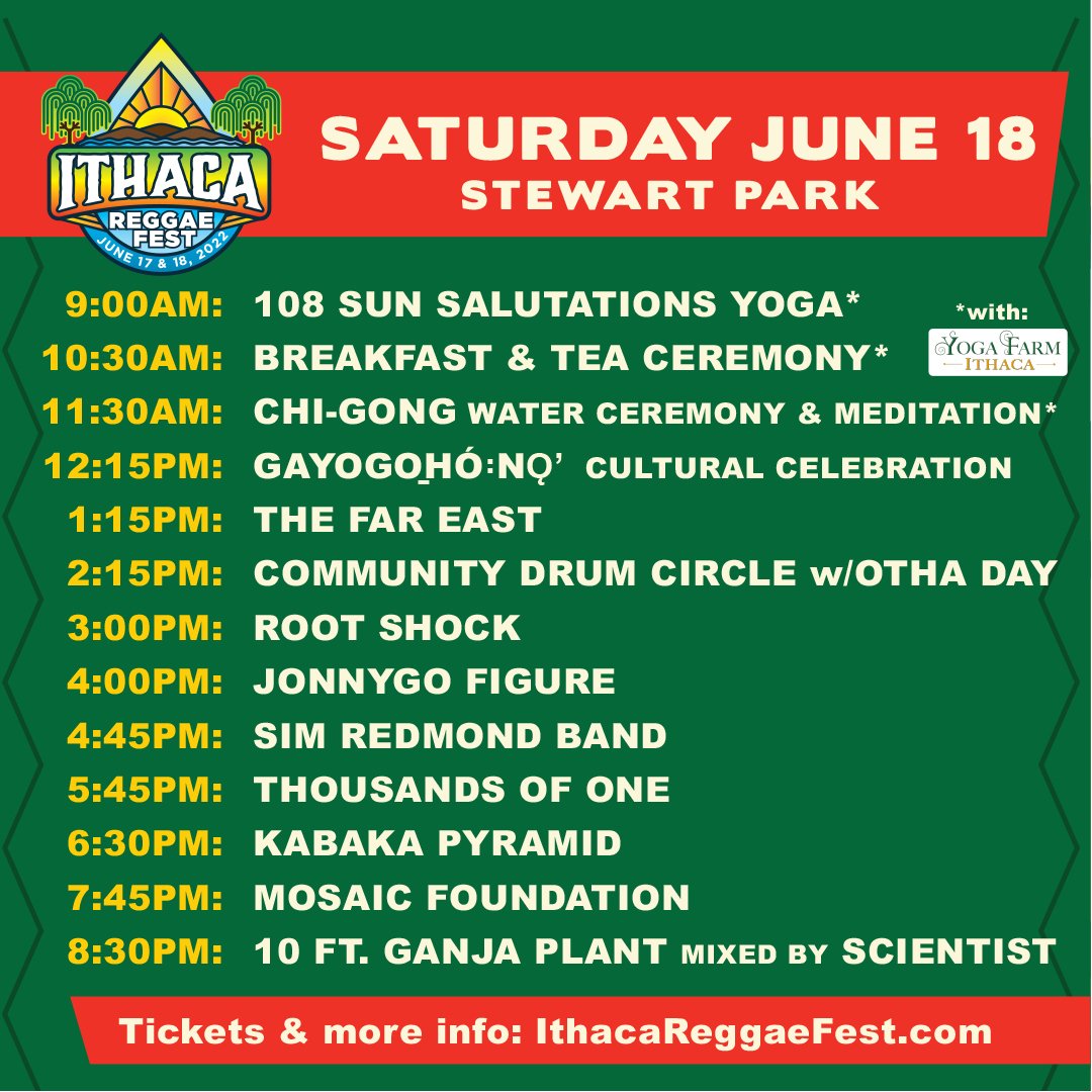 Here is the schedule for Ithaca Reggae Fest! Friday and Saturday! #twithica #ithaca #ithacaNY #reggae #rootsreggae <a href="/Kabakapyramid/">The Kalling</a> <a href="/MadProfessordub/">Mad Professor</a> <a href="/RootShock/">Root Shock</a> <a href="/MosaicFoundatio/">Mosaic Foundation</a> <a href="/10FtGanjaPlant/">10 Ft Ganja Plant</a>