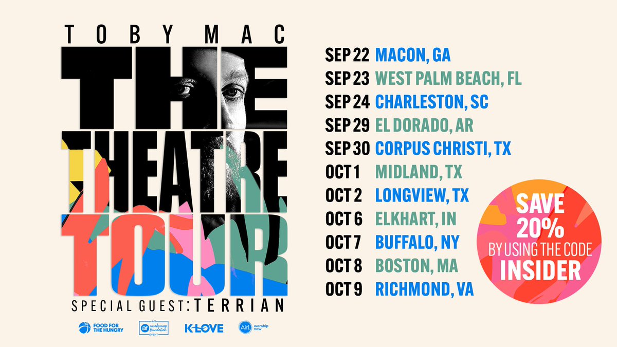 Tickets on sale now for the fall theatre tour
tobymac.com/tour

#theatre #newmusic #onsale #ticketmaster <a href="/iamterrian/">TERRIAN</a>