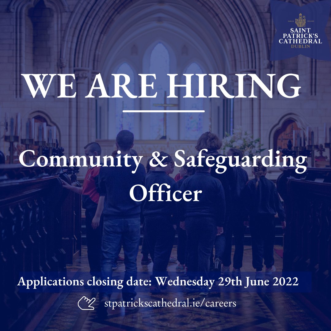 stpatrickscath's tweet photo. Now hiring: Community & Safeguarding Officer!
Do you have a passion for community? Do you like to work with people & engage with them on interesting outreach projects? This could be the role for you!
To apply, please see our Careers page: https://t.co/YQkL5XTEh5 https://t.co/VWDhmkFnlZ
