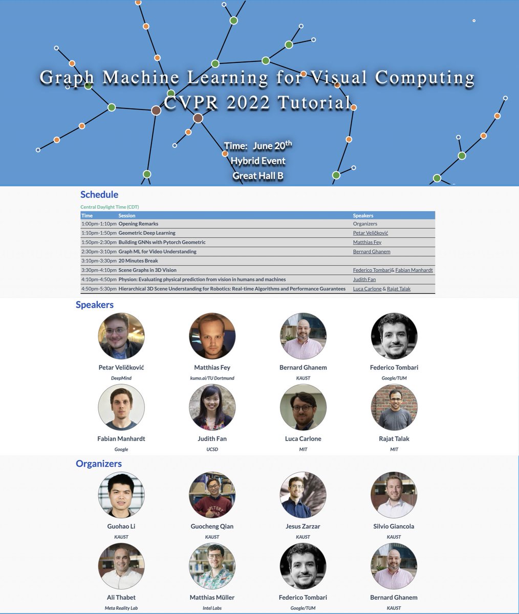 Excited to share that we are organizing a tutorial on Graph Machine Learning for Visual Computing on 6/20 PM this <a href="/CVPR/">#CVPR2025</a>. We have amazing speakers taking about Geometric DL, PyG and Graph ML applications in Videos, 3D, physical reasoning and Robotics! Don’t miss it! <a href="/CVPRConf/">CVPR News</a>