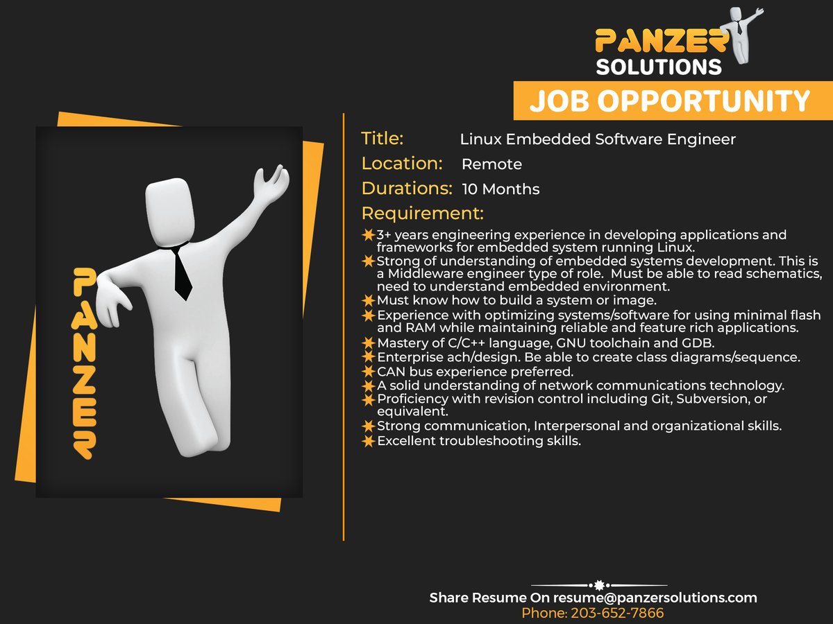 panzersolution's tweet image. Job Title: Linux Embedded Software Engineer
Location: Remote
Duration: 10 Months
Share resumes on resume@panzersolutions.com
Or for more info click on the below link
Click Here: panzersolutions.com
#PanzerSolutions #LinuxEmbedded #Linux #embedded #software #engineers #job