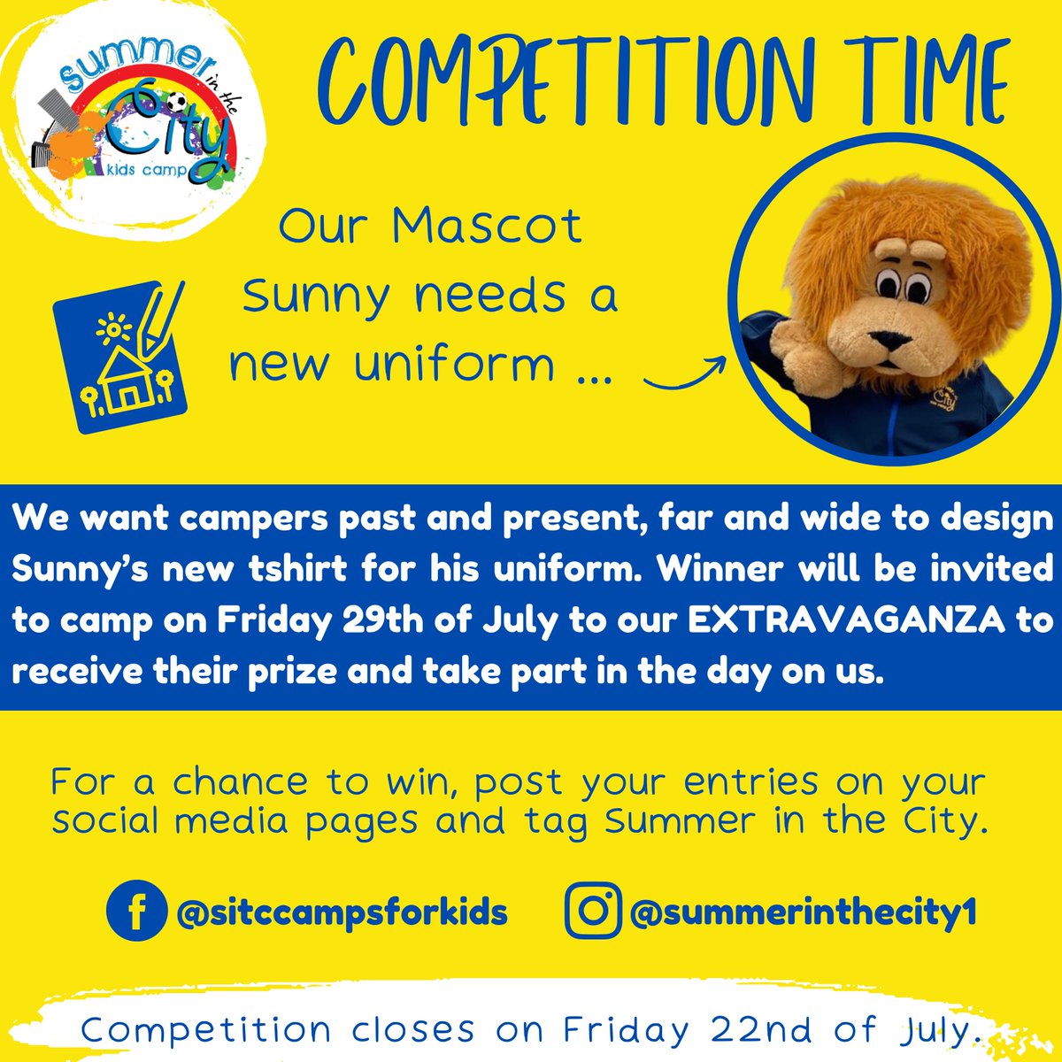 🌈Competition
Sunny needs a new T-shirt to complete his uniform and we are counting on you to help us design it.
Post your design on your social media (Facebook or Instagram) and tag us to get a chance to win.
You can enter the competition until the 22nd of July.
🏆