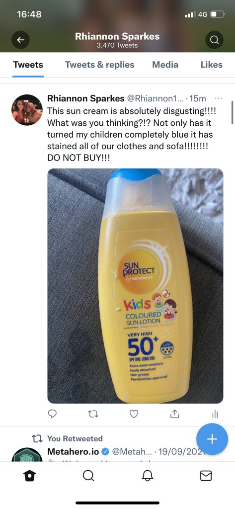 Rhiannon108's tweet photo. @sainsburys This sun cream is absolutely disgusting!!!! What was you thinking?!? Not only has it turned my children completely blue it has stained all of our clothes and sofa!!!!!!!! DO NOT BUY!!! https://t.co/dp1ejCy545