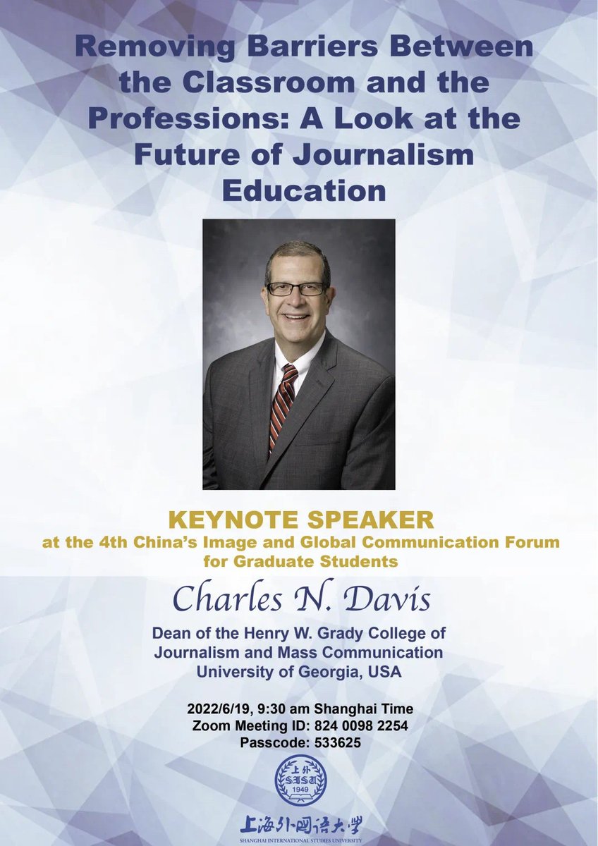 UGAGrady's tweet photo. Tomorrow night, @GradyDeanUGA will be the keynote speaker of China's Image and Global Communication Forum for graduate students.

The talk is part of our AdPR 3+1+1 partnership with @SISUShanghai that educates students in both Shanghai and in Athens.

⏰: 9:30 p.m. (EST)
📍: Zoom https://t.co/fl0HFuFReL
