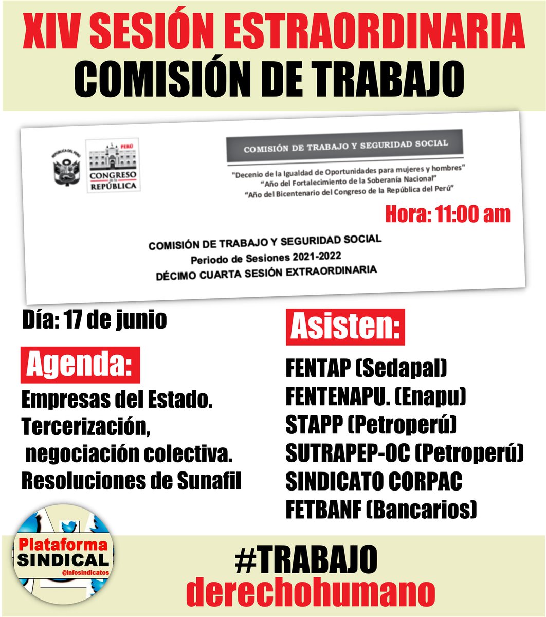 InfoSindicatos's tweet photo. XIV sesión extraordinaria de la Comisión de Trabajo y Seguridad Social @congresoperu, presidida por @chabelitacongre. Asisten: @FENTAP4, @fentenapu, @SindicatosPetro (@StappOficial y SUTRAPEP-OC @petroperu_sa), @Fetbanf y  sindicato de Corpac. Ver: ✅👉🏾https://t.co/itz6k4p79o https://t.co/sOiARcMX7z