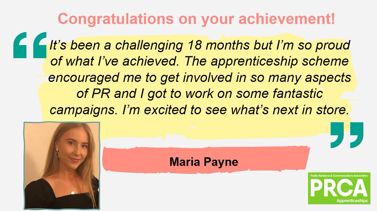 PRapprentices's tweet photo. Massive Congratulations to @mariagracepayne from Liberty PR for completing her #PR #Apprenticeship and achieving a Distinction🎉

This is such a big achievement! We wish you all the best in your future endeavours 👏

@PRCA_HQ #cisionuk #congratulations #apprentice https://t.co/YBvYL2igUx