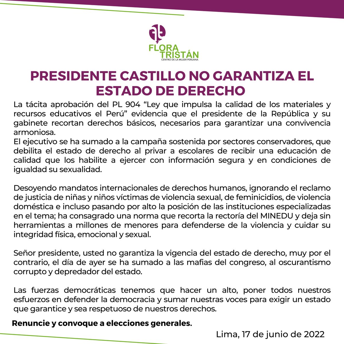 𝗖𝗢𝗠𝗨𝗡𝗜𝗖𝗔𝗗𝗢 
Rechazamos la inacción del Ejecutivo y la tácita aprobación del PL904 que vulnera los derechos humanos de niñas/os y adolescentes.
𝗣𝗿𝗲𝘀𝗶𝗱𝗲𝗻𝘁𝗲 <a href="/PedroCastilloTe/">Pedro Castillo Terrones</a>, 𝗿𝗲𝗻𝘂𝗻𝗰𝗶𝗲 𝘆 𝗰𝗼𝗻𝘃𝗼𝗾𝘂𝗲 𝗮 𝗲𝗹𝗲𝗰𝗰𝗶𝗼𝗻𝗲𝘀 𝗴𝗲𝗻𝗲𝗿𝗮𝗹𝗲𝘀.