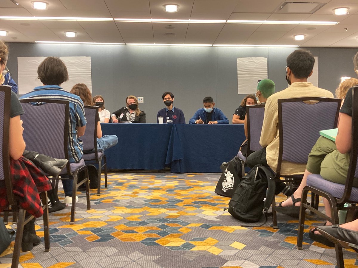 IndianaGrads's tweet image. Quan, physics grad worker, speaking to a standing room only crowd at the panel on striking before union recognition about our historic strike at #labornotes22! #iuonstrike22 @labornotes @ueunion