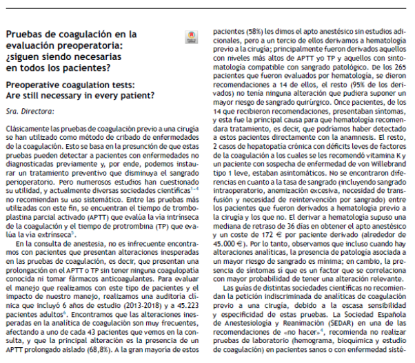 CalidadAsistenc's tweet photo. 📰 Pruebas de coagulación en la evaluación preoperatoria: ¿siguen siendo necesarias en todos los pacientes?
✏️Carta a la Directora en el @JHealthQualityR #RevistaSECA #JHQR
👉 https://t.co/8ufcGWjOXr
✅#CalidadAsistencial #preoperatorio #adecuacion #coagulacion #guiaclinica https://t.co/0Mfj1Gh0Cf