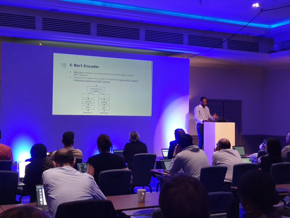 JayAlammar's tweet photo. Ade Idowu describing experiments comparing different sentence embedding techniques covering TFIDF, word embeddings, universal sentence encoder, and SBERT.

#PyDataLDN https://t.co/1xRLjqckfW