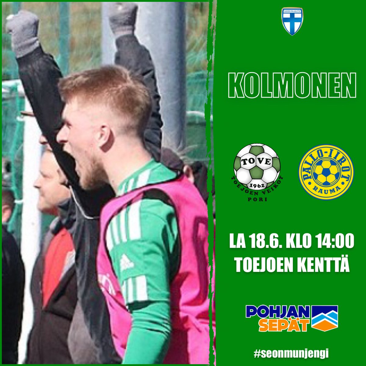Millaisia tunteita huomenna nähdään? 🟢

📆: LA 18.6 KLO 14:00
🏟: TOEJOEN KENTTÄ
🆚: <a href="/PalloIirot/">Pallo-Iirot</a> 
🎟: 5€, alle 15.v ilmaiseksi

#toejoenveikot #seonmunjengi #säästöpankki #tahdoenemmän