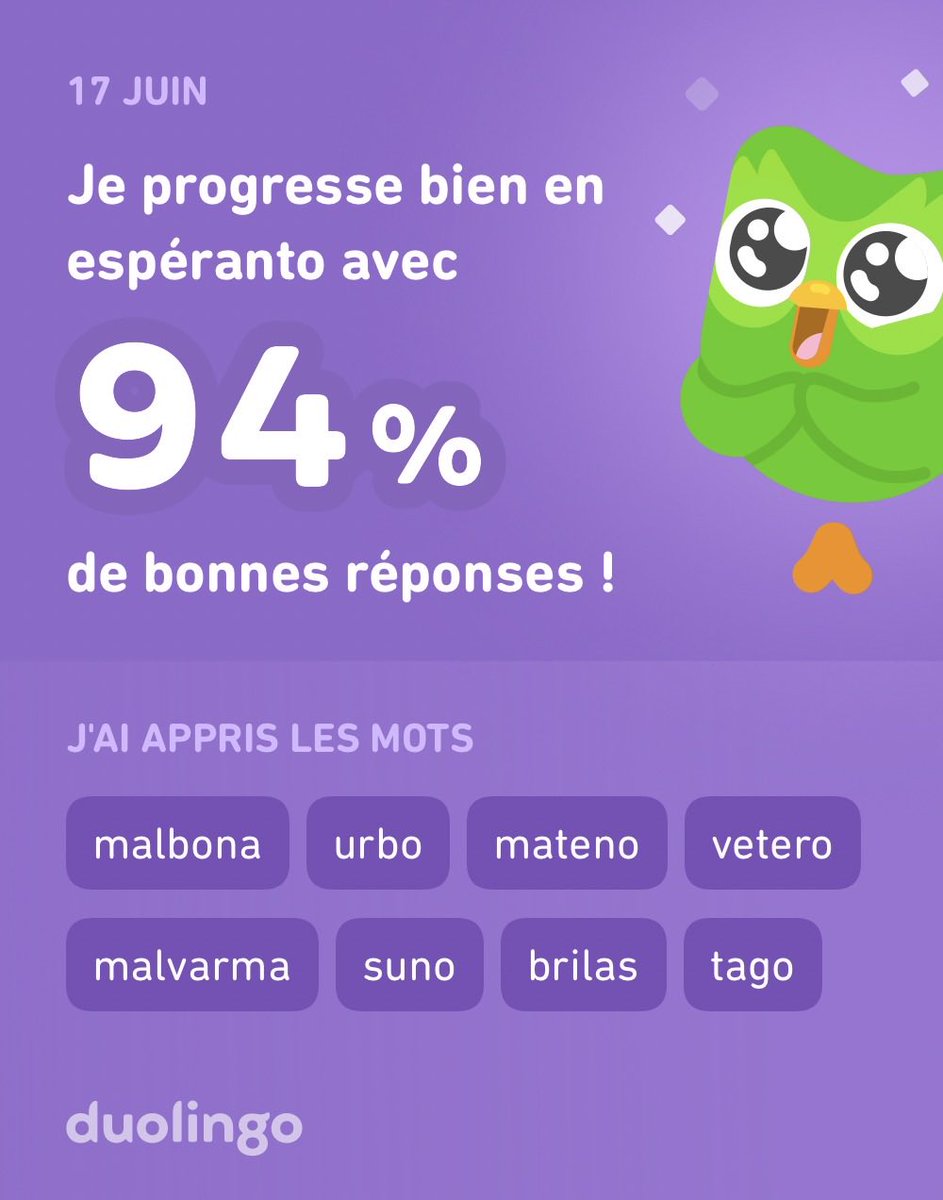 Revali_46's tweet photo. J'apprends l'espéranto avec Duolingo ! C'est gratuit, fun et efficace.
Hésitez pas à télécharger l’appli (non c’est pas un placement de produit je suis pas connu mdrr) ! ;) https://t.co/Fjl9PNly2g