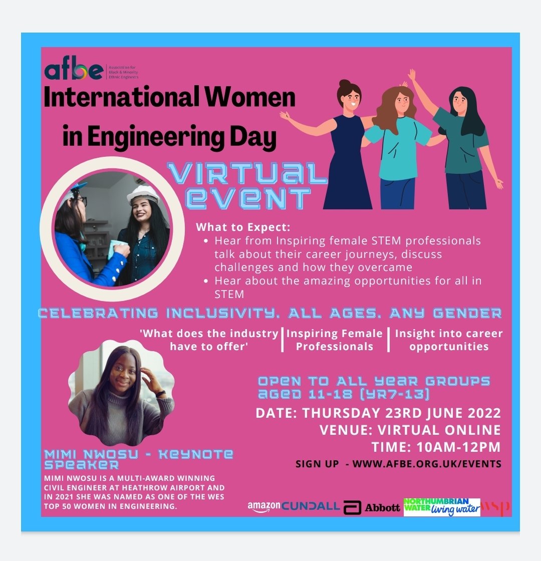 I am this years keynote speaker at the 'Making Engineering Hot - International Women in Engineering Day Virtual Event' for <a href="/AFBE_UK/">Assoc. for Black and Minority Ethnic Engineers</a>! 

Do you know anyone in years 7-13 who will benefit?

The event is open to ALL.

📅23/6/2022
🕑 10-12pm

Register: afbe.org.uk/events