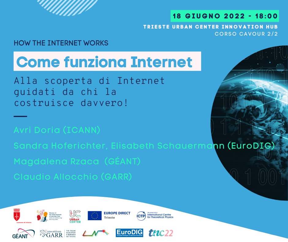 #TNC22 meets #EuroDIG - the European Dialogue on #InternetGovernance!

Don't miss tomorrow's panel (in #Trieste & online) on how #Internet works, explained by those who build it

With experts from @GEANTnews @ReteGARR @ICANN @_eurodig

More info (🇮🇹) here👉urbancenter.comune.trieste.it/come-funziona-…