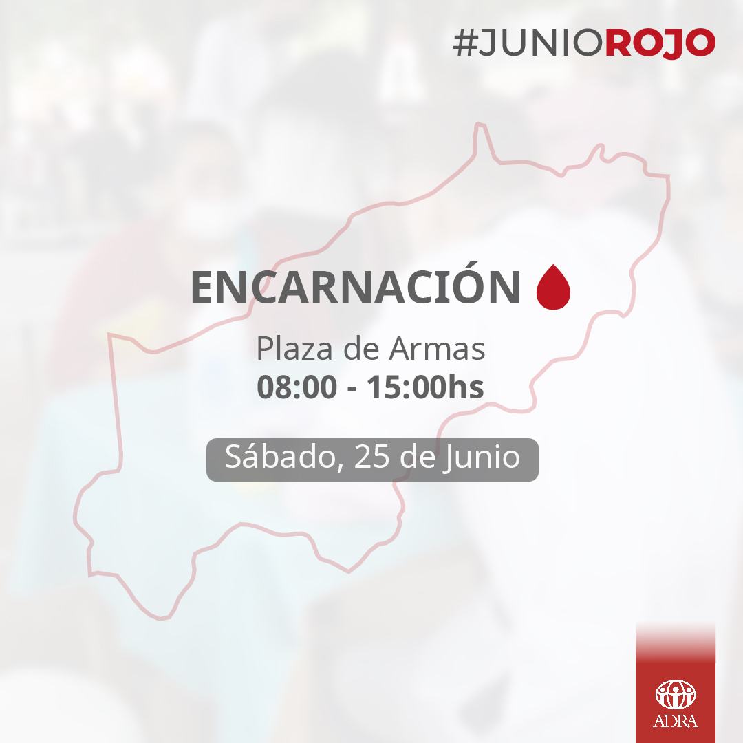 JUNIO ROJO 🩸
Este sábado 18 de junio, compartimos las fechas y los puntos de donación en C.D.E y en Asunción, a partir de las 13:00. 
🗓️ El sábado 25 estaremos en la Plaza de Armas de Encarnación a desde las 8:00 hasta las 15:00.