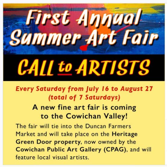 Call to artists:
A new fine art fair is coming to the Cowichan Valley!
More info at:
cowichangallery.ca/art-fair/
#yyjarts
#yyjartists