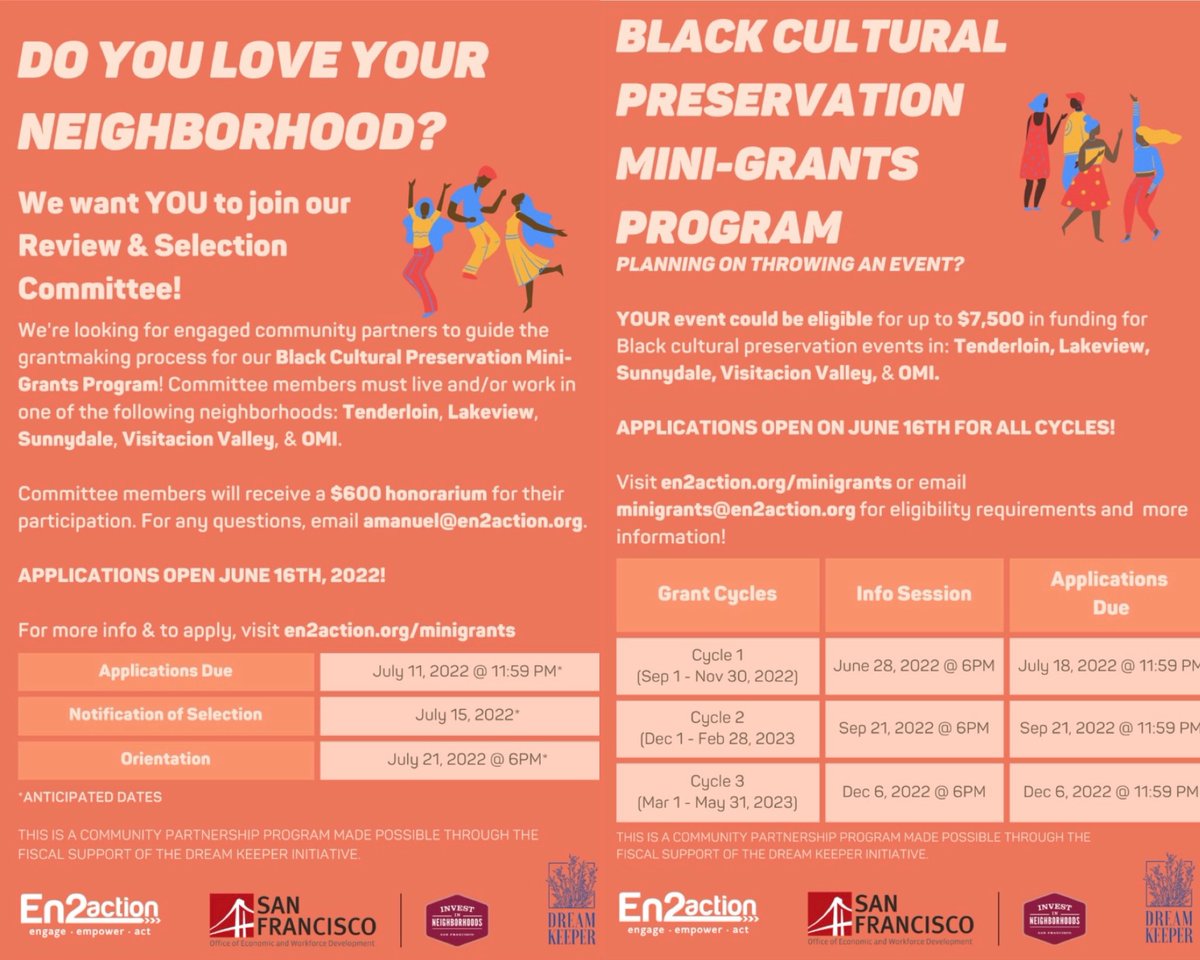SFHumanRights's tweet image. The @SFHumanRights Commission along w/ @DreamkeeperSF
Initiative (#DKI) is pleased to share the @en2action Black Cultural Preservation Mini-Grants Program
 
APPLY NOW!
Overview of the program, eligibility requirements &amp;amp; Review Selection Committee details @ en2action.org/minigrants