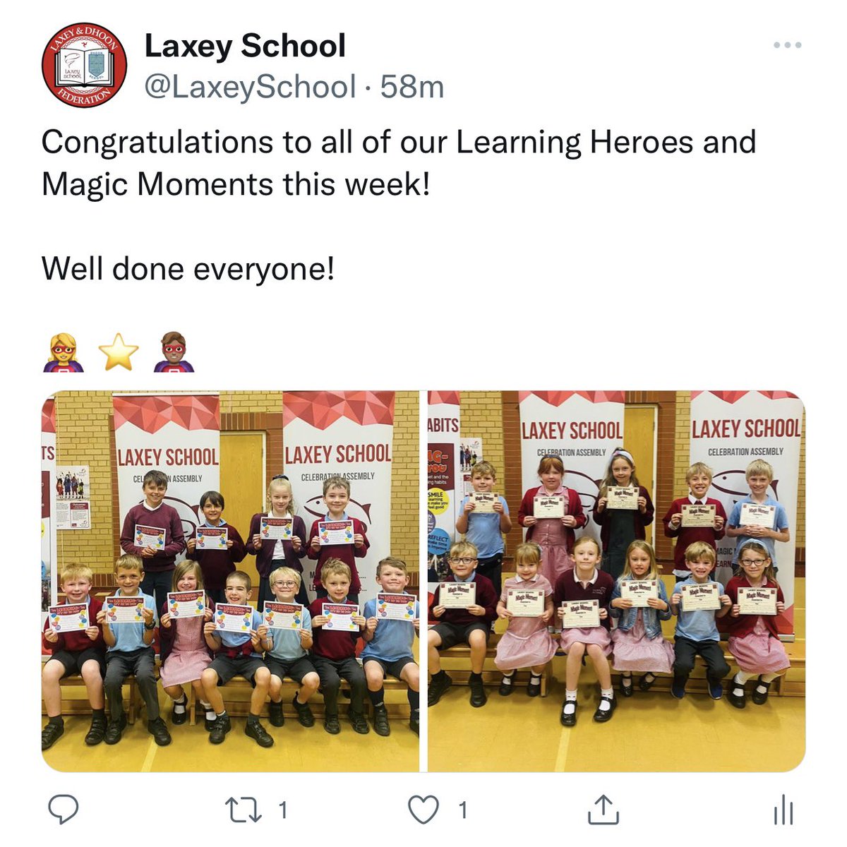 maximjkelly's tweet photo. A wonderful way to wrap up the week that was - #CelebrationAssemblies at @DhoonSchool and @LaxeySchool today to celebrate #LearningHeroes #MagicMoments and #DhoonHighFive ๐ฅ๐คฉ๐ฎ๐ฒ๐๐๐โฌ๏ธ https://t.co/Vi8vXRBrp4