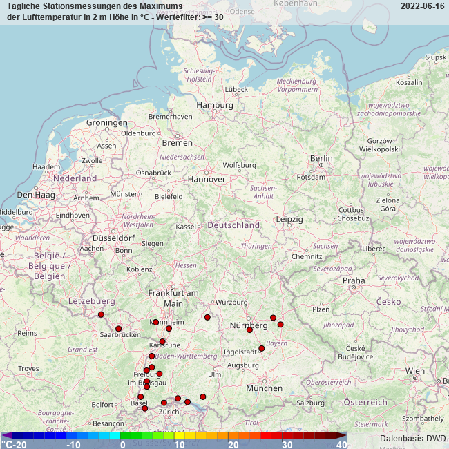 DWD_klima's tweet photo. Am gestrigen 16.6.2022 haben 22 Stationen des DWD einen 'heißen Tag' beobachtet, also eine Maximaltemperatur >=30°C beobachtet
(Quelle der Karte: https://t.co/SCKkzgs07f)
#DWDCDC https://t.co/O7eBuG8FaR