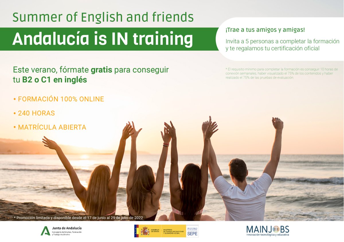 MainforEnglish's tweet photo. ☀Este verano fórmate gratis para conseguir tu título de inglés con Andalucía is IN training 🇬🇧

Trae a 5 personas que completen la formación y te regalamos tu certificación oficial.

Infórmate aquí: https://t.co/HfWpzc54sG
B2: https://t.co/aauo00cZ7Y
C1: https://t.co/HjQzfZ4VBG https://t.co/gGoHWgSaoP