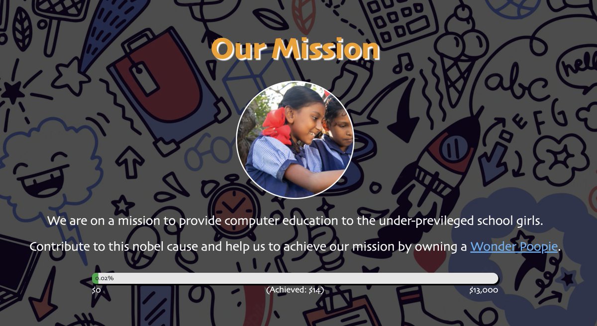 Please join hands to help us completing our mission...

Own a #WonderPoopie to help 1200+ girls to get better education...

Collection: bit.ly/3rD8aCf @ 0.005 ETH

#NFTsales #NFT #NFTs #NFTCommunity #NFTCommmunity #NFTdrops
