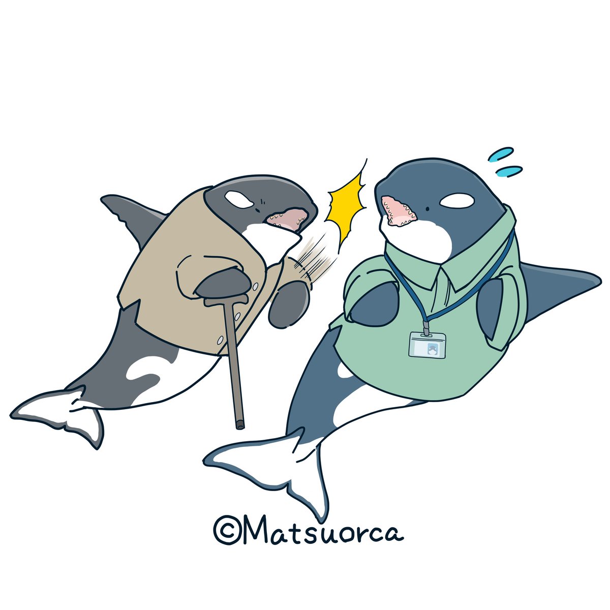 TsutoESD's tweet photo. @matsuorca524 
まつおるか氏に有償イラストコミッションして描いてもらいました。利用者に拒否されて困る介護スタッフをシャチにて表現していただきました。一部では日常茶飯事だったりします。介護って大変よ、そんな一コマをシャチで表してくれたことに感謝です。大事にします。 https://t.co/IiAwXiPCIR