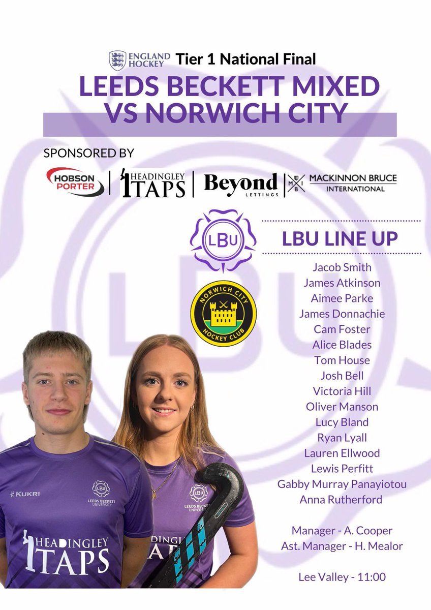 LBUHC's tweet image. Mixed National Final Lineup: 

Leeds Beckett Mixed team to play in the national final of the England Hockey Mixed National Tier 1 Championship vs @NorwichCityHC Mixed tomorrow morning, 11am push back at Lee Valley Hockey and Tennis Centre in the Olympic Park! 
#UTB @carnegiesport