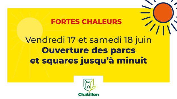 AzzazNadege's tweet photo. ☀️🛑 Journée caniculaire ce jour et demain! Hydratez-vous et préservez vous 💦
Appel des personnes fragiles,brumisateurs,salles climatisées pour le public et fermeture des parcs à minuit aujourd’hui et demain pour profiter de la fraîcheur 🌙 👉🏽https://t.co/Bfezd4XSbw #Châtillon https://t.co/kJvgiBcP5R