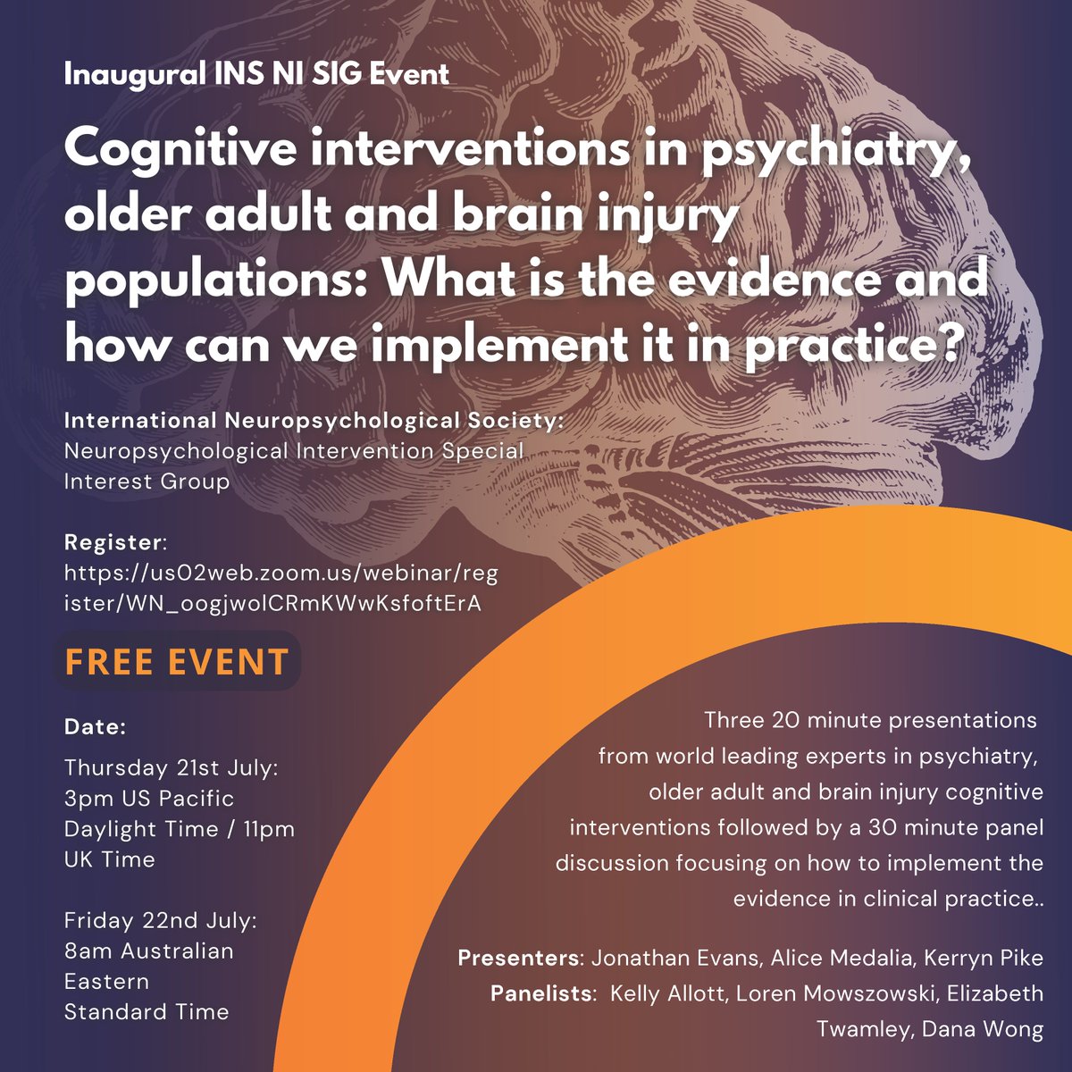 INSneuro's tweet photo. Inaugural event hosted by @INSneuro Neuropsychological Intervention Special Interest Group (SIG) on "Cognitive interventions in psychiatry, older adult and brain injury populations; What is the evidence and how can we implement it in practice?" Register: https://t.co/UVtHPeTJRj https://t.co/ASkuX5jCCX
