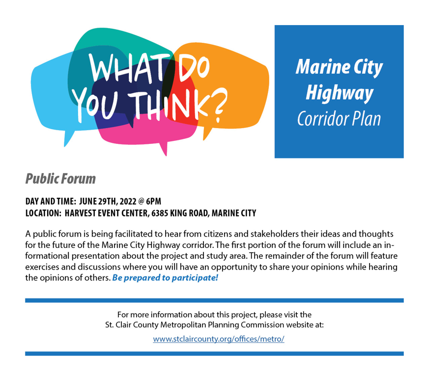 sccmpc's tweet photo. ** NEW LOCATION FOR JUNE 29 PUBLIC FORUM **  

In order to ensure we have enough space to accommodate all who wish to participate, the Marine City Hwy Corridor Study Public Forum is being moved to the Harvest Event Center at 6385 King Road in Marine City. June 29, 2022 @ 6:00 pm. https://t.co/v5M0FI5DdG