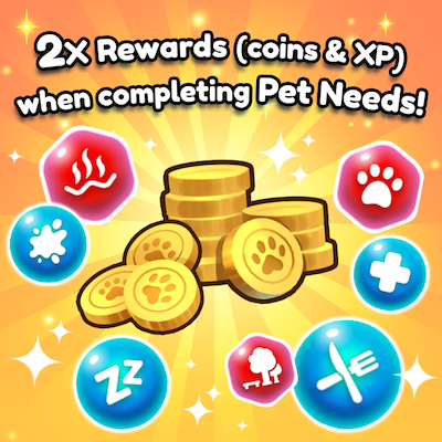 RoPetsGame's tweet photo. ✌️Twice the fun this weekend with 2x Rewards! Earn Double Coins &amp; XP when you age up Pets by completing Pet Needs - NOW until Monday Jun 20th at 12 noon GMT!

#Roblox #SoftLaunch #RoPets https://t.co/z4enjp6279