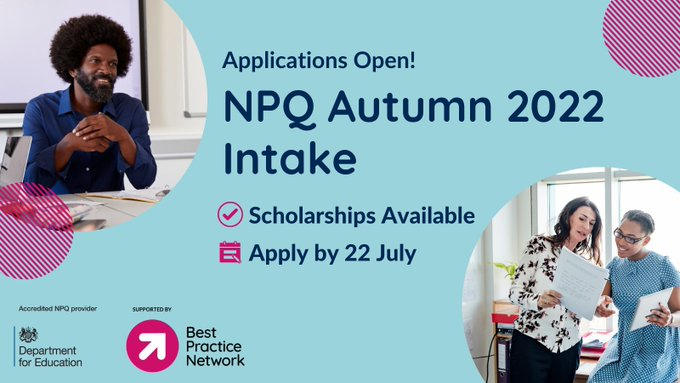 BedeSchool's tweet photo. Applications are now open for the NPQ Autumn 2022 intake. 
APPLY NOW!!!!! To secure your place.
@bestpracticenet 
#NPQ #NPQLT #NPQLTD #NPQH #NPQEL #NPQSL
#STBEDETEACHINGSCHOOL https://t.co/2QzZKngpUf