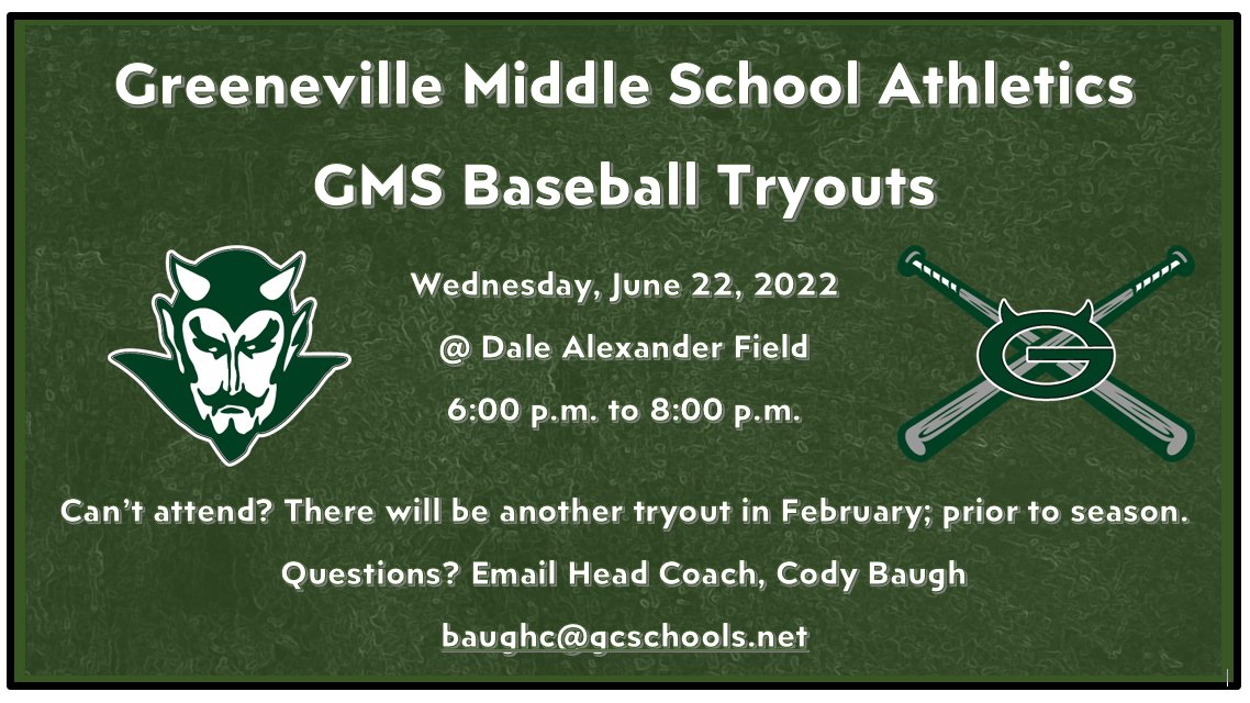 GMS Athletics, Summer Baseball Tryouts
Go Devils!
@gms_tn <a href="/CoachMcCall65/">Andy McCall</a> <a href="/racheladamstn/">Dr. Rachel Adams</a> <a href="/CoachCBaugh/">Cody Baugh</a> <a href="/GMSDevilsBaseba/">GMS Devils Baseball</a>