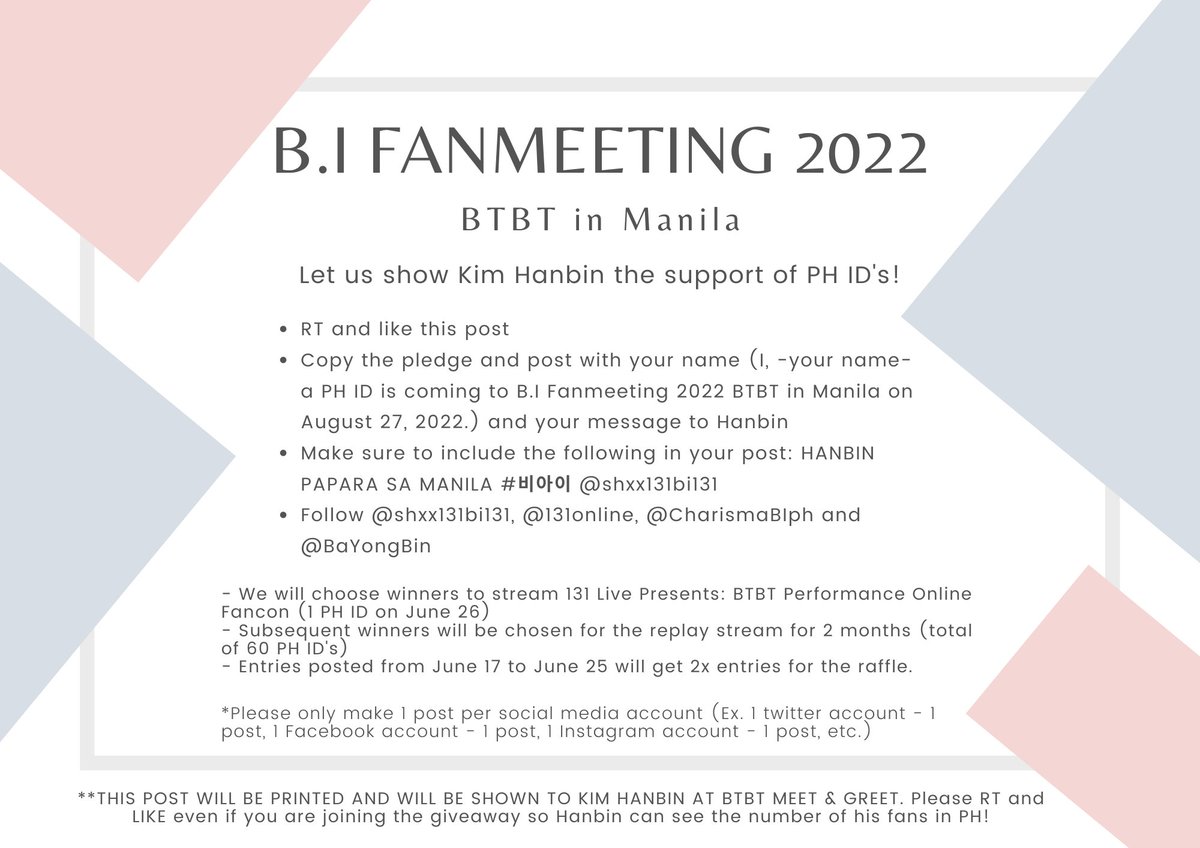 BAYONGBIN's tweet photo. I, Evangeline a PH ID is coming to B.I Fanmeeting 2022 BTBT in Manila on August 27, 2022.

Thank you for coming back to the Philippines. You will definitely make the stage hotter once again! ID's are so excited to go BTBT with you 💙

HANBIN PAPARA SA MANILA
#비아이 @shxx131bi131 https://t.co/sJCI1YHCDt