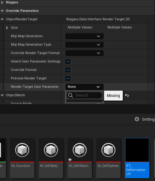 Hendo_S's tweet photo. @GhislainGir Hey, I'm trying to recreate this effect with custom meshes in UE5. Whatever I do I seem unable to set the Render Target User Param Override to my RT asset that will feed my material WPO... or to *any* RT. Its in the User Exposed namespace. Am I overlooking something? Thanks! https://t.co/ximSQrSMvk