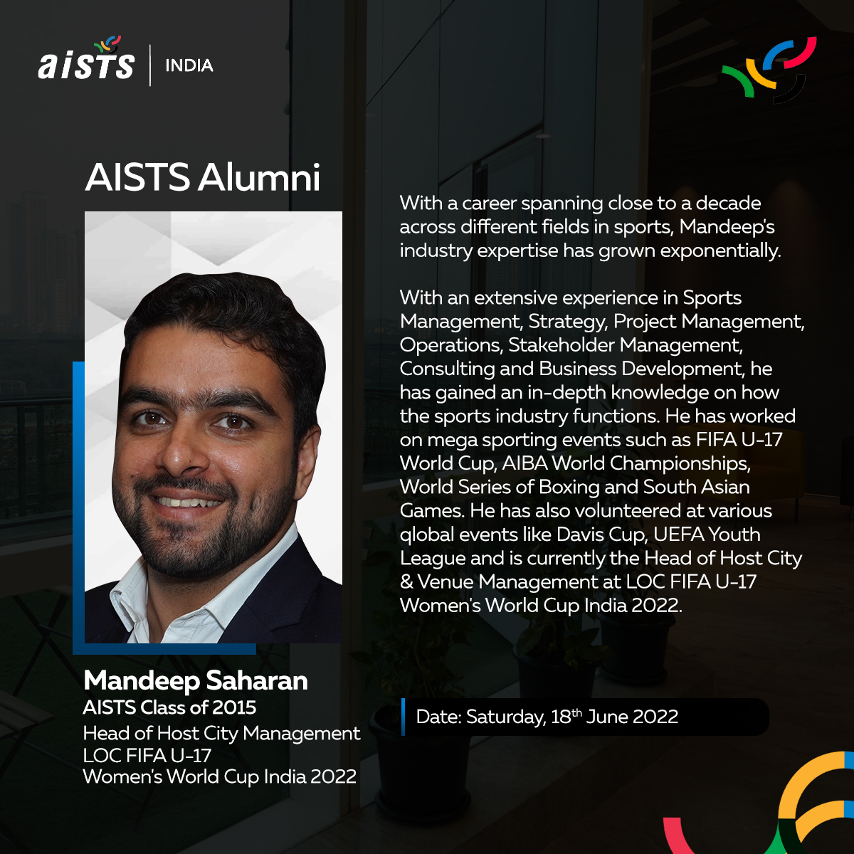 AISTS INDIA is all set to hold an online session with AISTS alumni who will share their experience of studying at AISTS, their role in the sports ecosystem and the future of the industry. 

#IAmAISTSINDIA #NewHorizonsAlliance <a href="/AISTS_Sport/">AISTS Sport Management Academy</a>