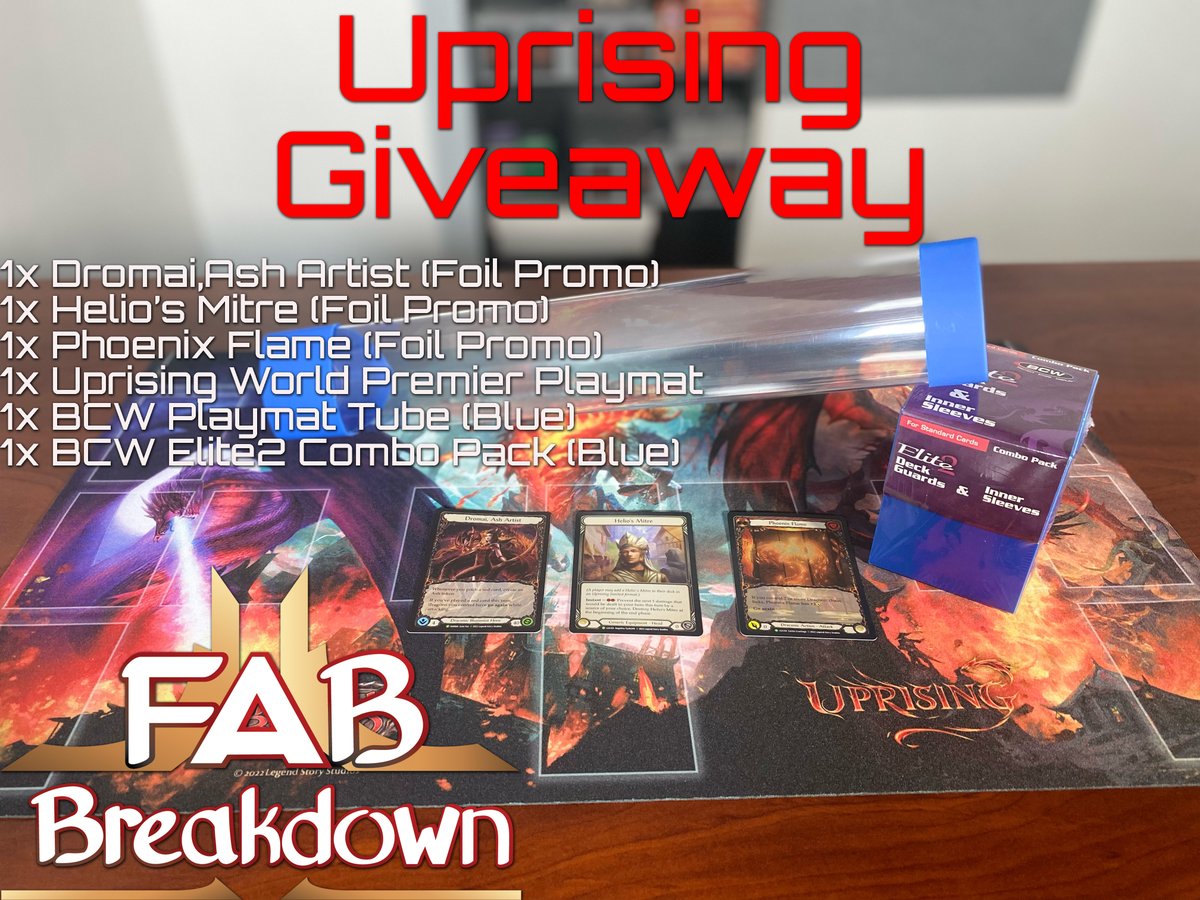 Back home after the <a href="/fabtcg/">Flesh and Blood</a> Uprising World Premier and it's time for a giveaway. I am giving away all the goodies from the event and some <a href="/BCWSupplies/">BCW Supplies</a>. All you have to do is RT this post between now and 6/19/22 and follow me. Random winner will be announced 6/20/22.
