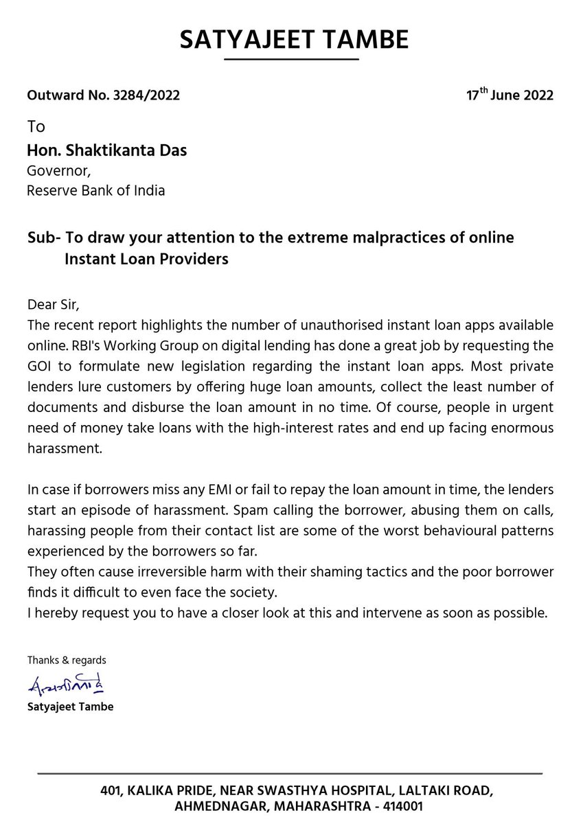 After receiving many complaints and requests for help especially from my young friends against Online Instant Loan Providers, I have appealed to the RBI Governor to intervene.
I hope quick action will be taken. 
<a href="/RBI/">ReserveBankOfIndia</a> <a href="/RBIsays/">RBI Says</a> <a href="/DasShaktikanta/">Shaktikanta Das</a>