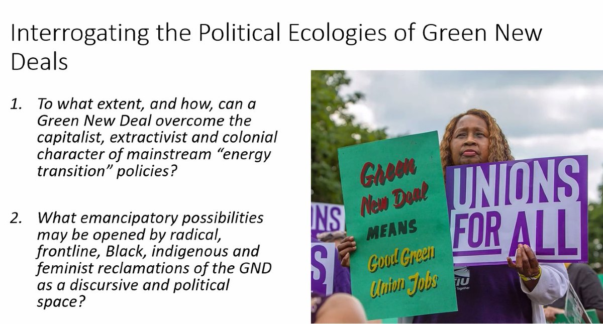 ExaltResearch's tweet image. Panel 3 discussing the coloniality of #GreenExtractivism has started w/ a presentation by @diegoandreucci &amp;amp; Gustavo García Lopez on the colonial aspects of #GreenNewDeal programs &amp;amp; the impacts of 'transition minerals' on global peripheries!

@RiquitoMariana @joanna_allan @muna_d