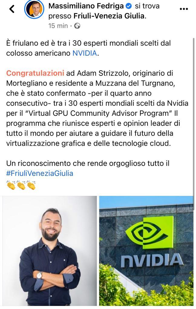 AdamStrizzolo's tweet photo. Grazie per la citazione Presidente Fedriga @M_Fedriga.
E' un piacere  lavorare nella nostra regione #friuliveneziagiulia.
#nvidia #ngca #vgpu #beantech #vmware https://t.co/GjimtGtRZp