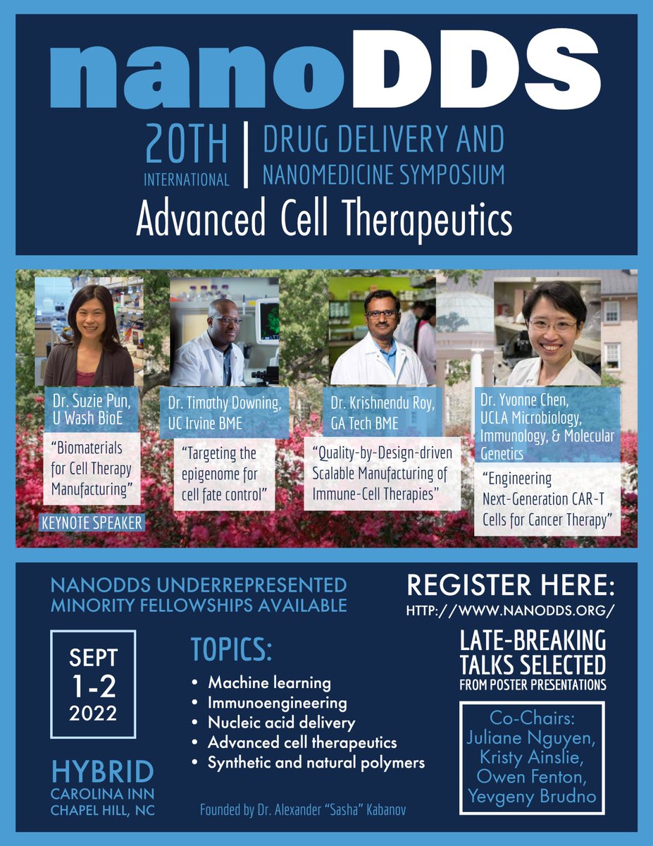 Join us for #NanoDDS 9/1-9/2 in Chapel Hill, NC!
Registration: lnkd.in/dnTMeW4M
Abstracts: tinyurl.com/NanoDDS2022
In person or virtual conference!

<a href="/SuziePun/">Suzie Pun</a> <a href="/UWBioE/">UW Bioengineering</a> <a href="/uci_bme/">UC Irvine BME</a> <a href="/KrishRoyLab/">Krishnendu Roy</a>  
<a href="/GeorgiaTech/">Georgia Tech</a> <a href="/UCLA/">UCLA</a>